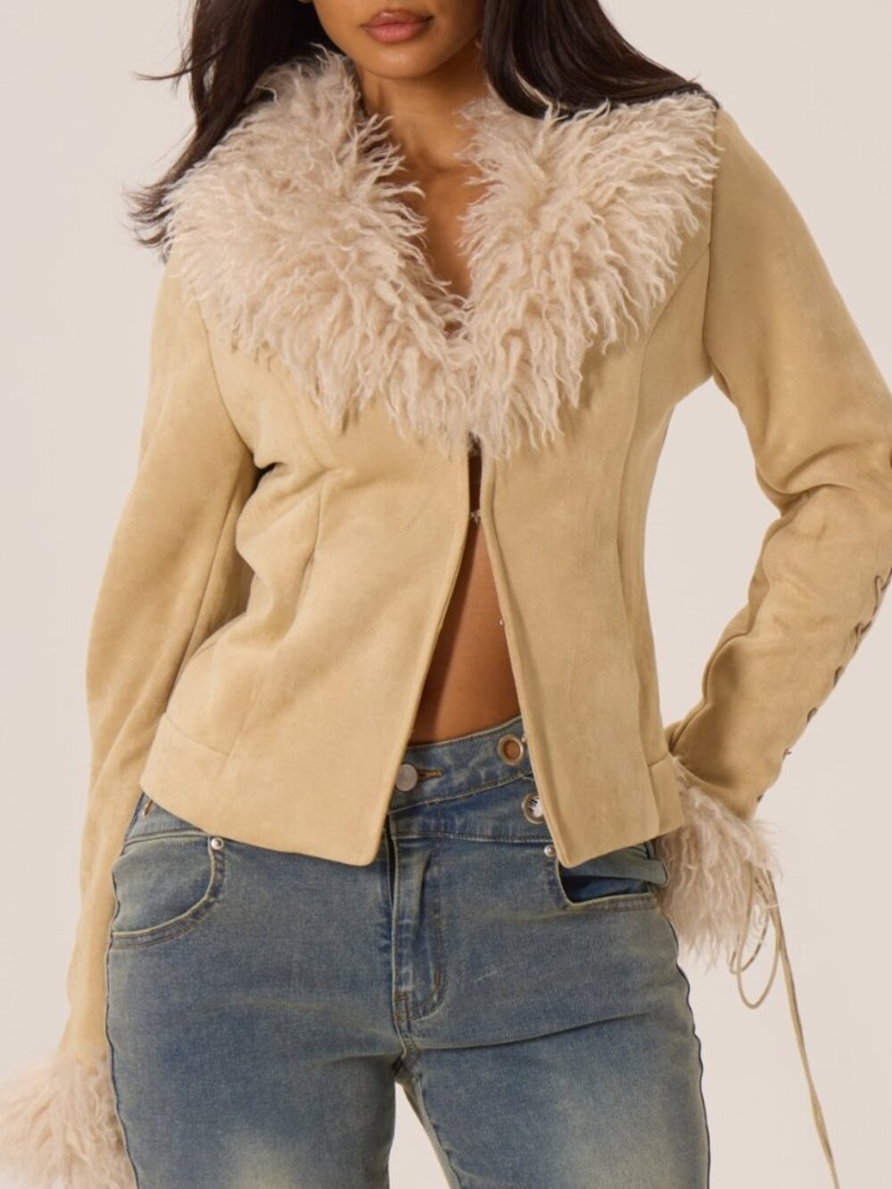 Khaki Party Women's Slim Fit Faux Suede Lace Up Flounce Sleeve Jacket
